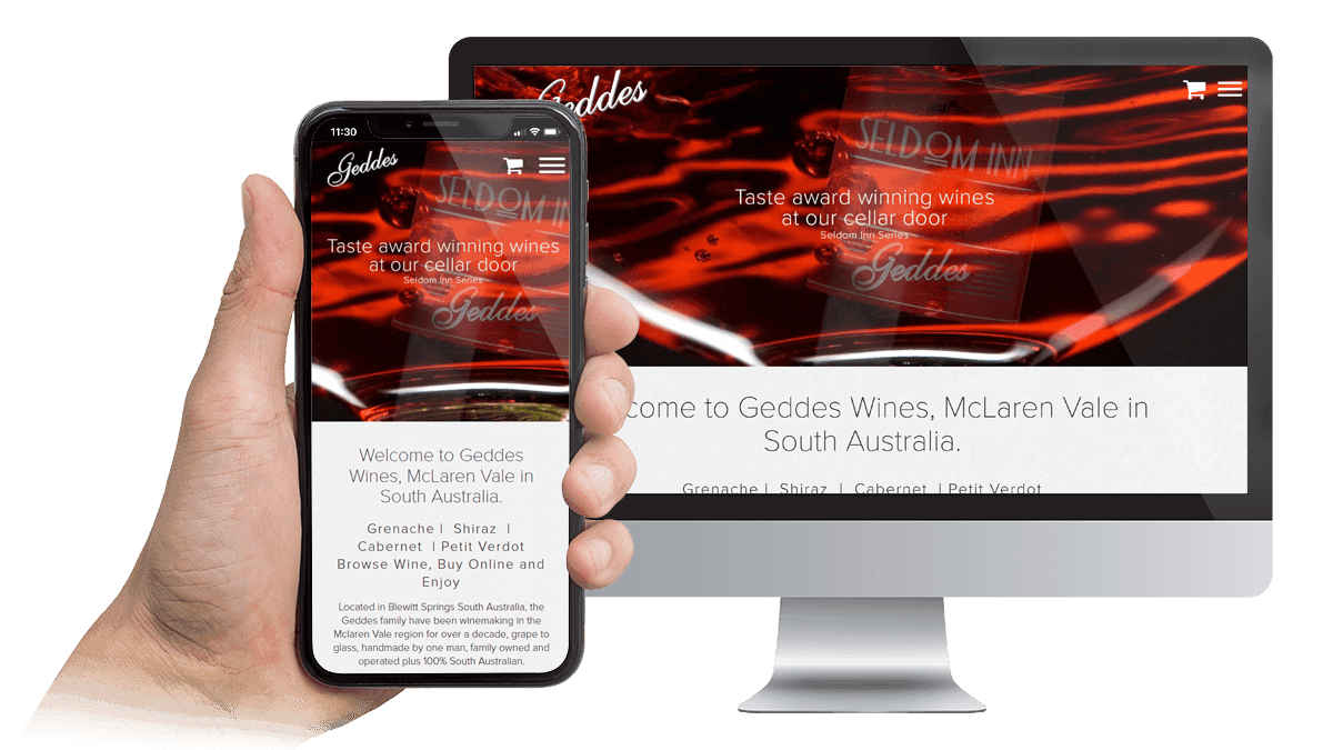 Geddes Wines website homepage displayed on a desktop monitor and smartphone