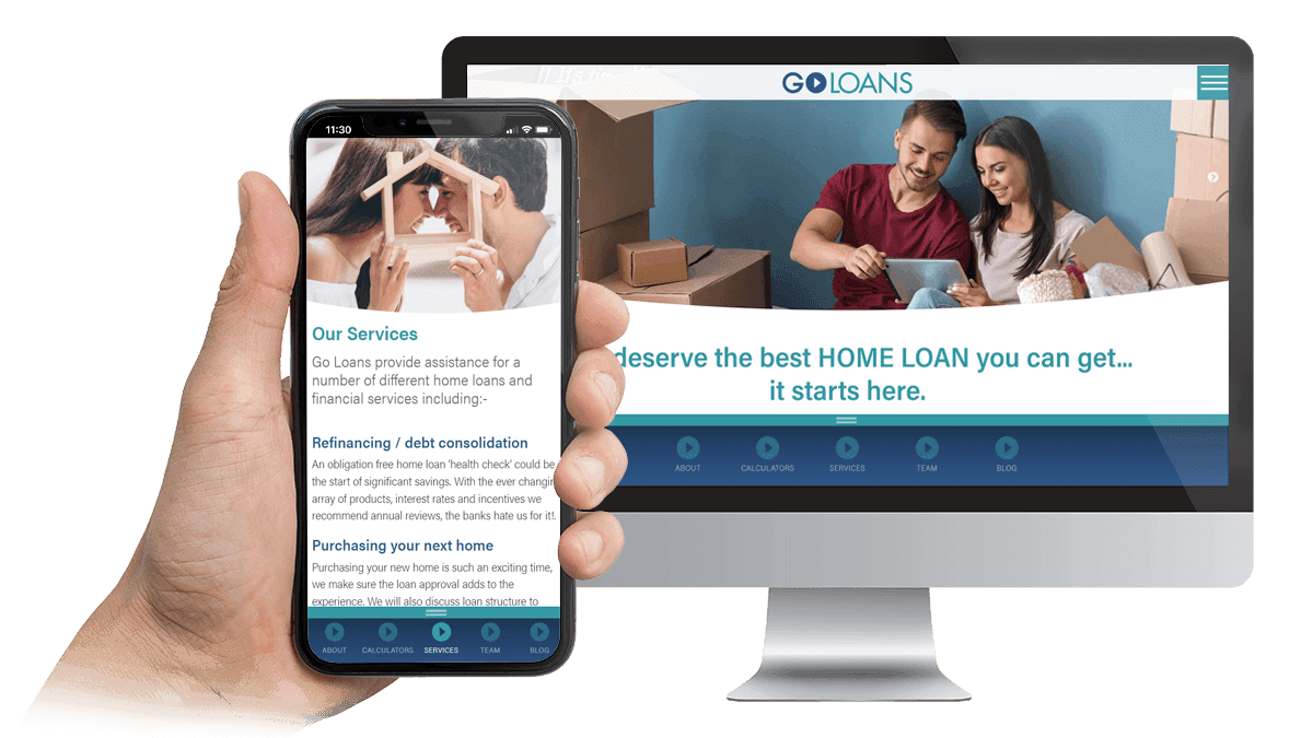 Go Loans website Services page shown on a smartphone and desktop monitor