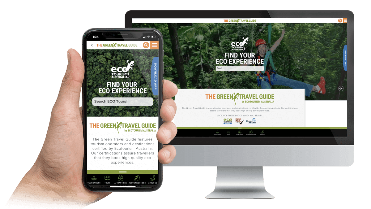 The Green Travel Guide homepage on desktop and smartphone, zip-lining through a rainforest