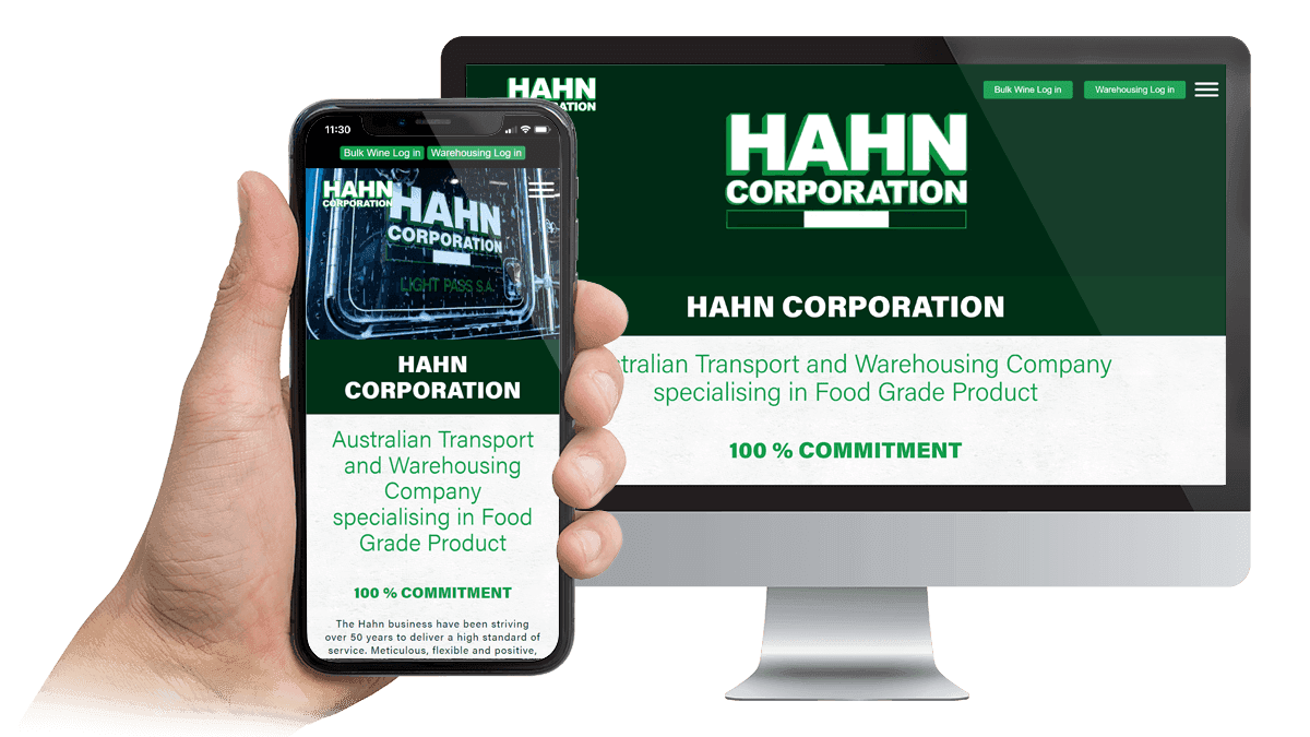 Hahn Corporation website displayed on a desktop monitor and smartphone