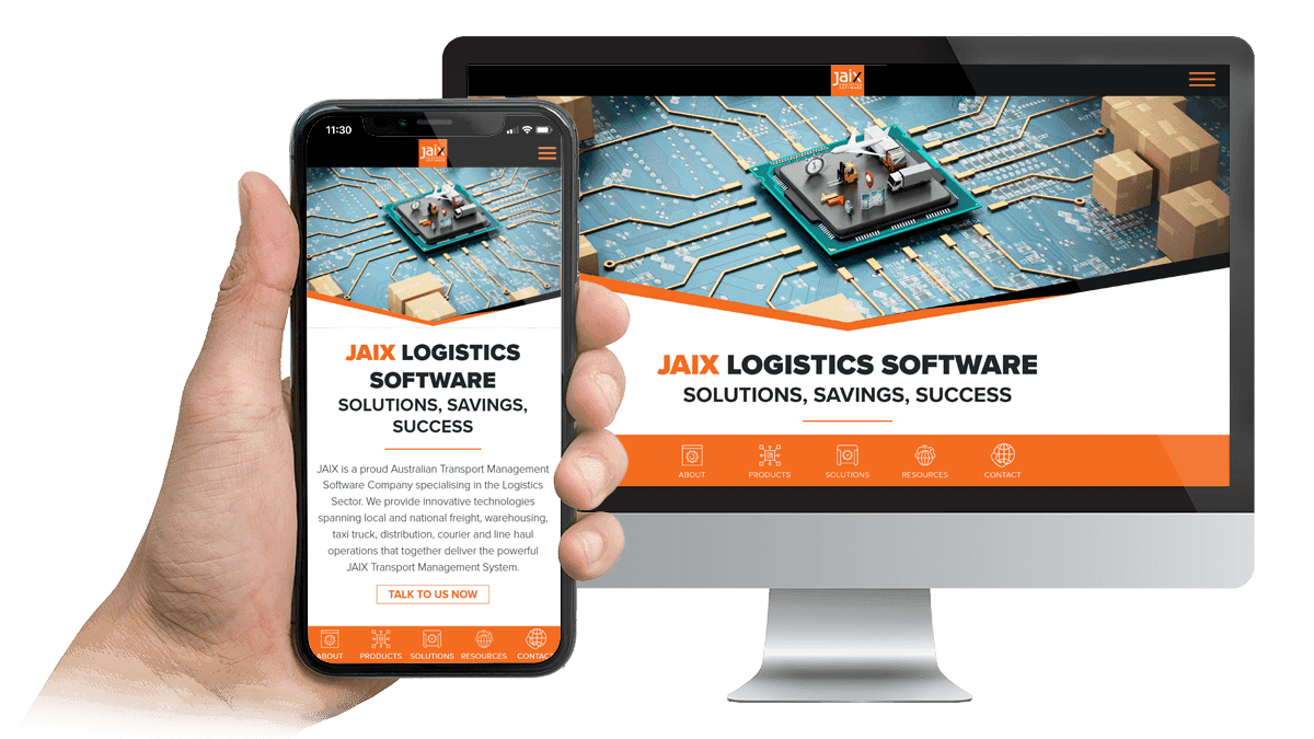 JAIX Logistics Software website displayed on a desktop monitor and smartphone