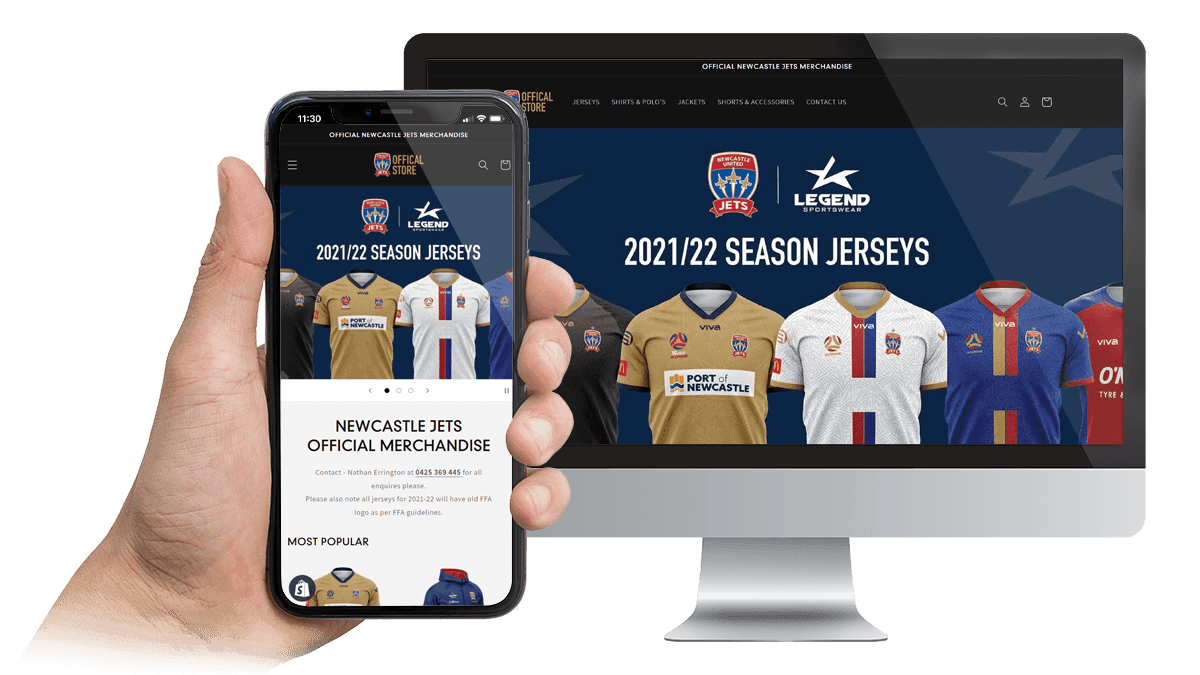 Newcastle Jets Official Merchandise store website displayed on a desktop monitor and smartphone