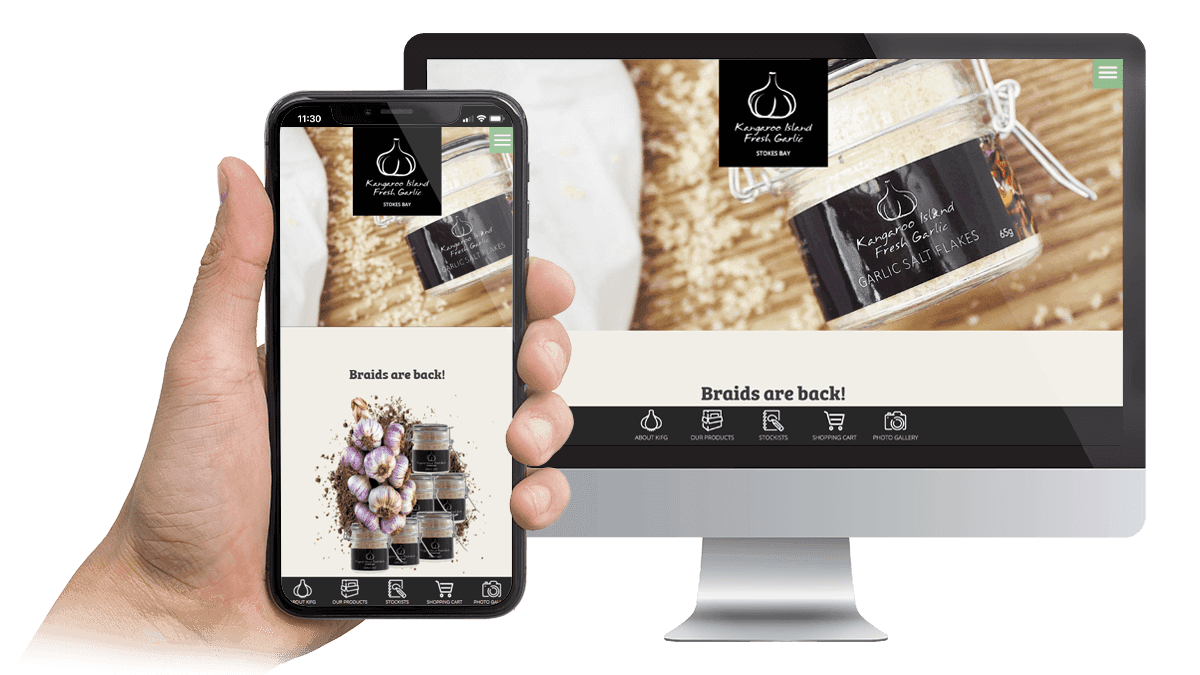 Kangaroo Island Fresh Garlic homepage shown on a desktop monitor and smartphone