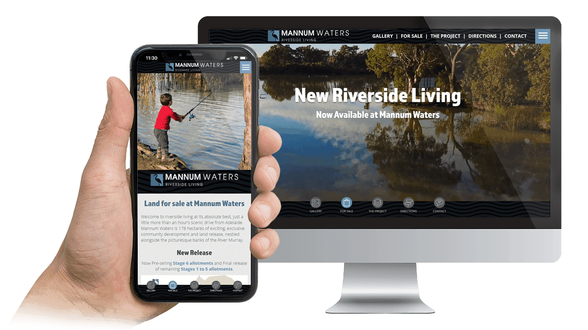 Mannum Waters riverside land development website displayed on a desktop monitor and smartphone