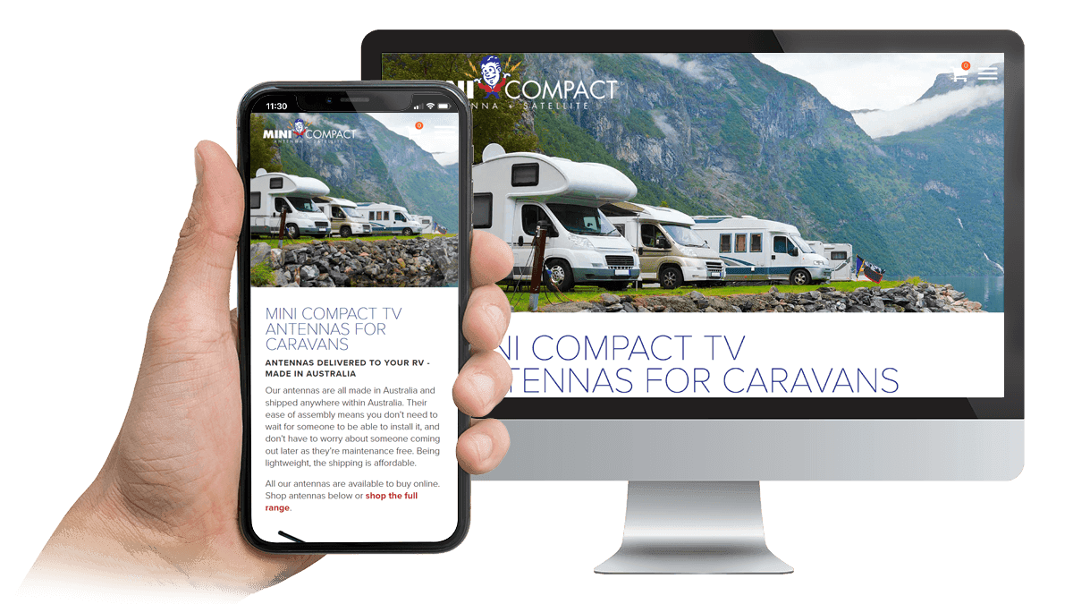 Mini Compact website displayed on a desktop monitor and smartphone showing TV antennas for caravans