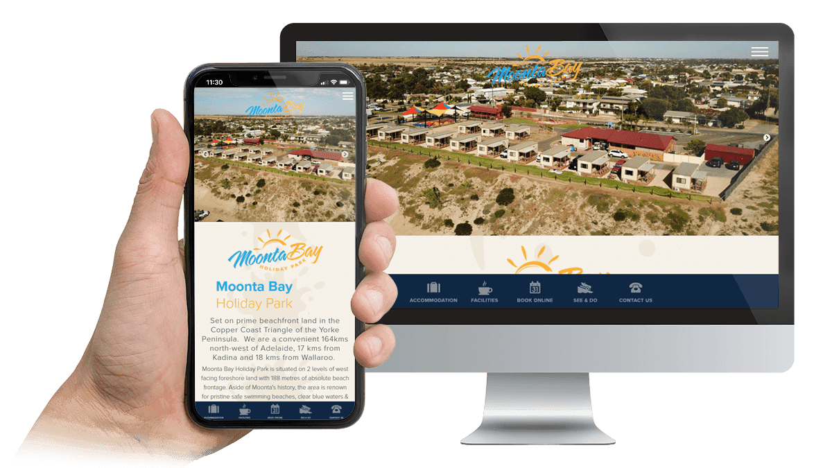 Moonta Bay Holiday Park booking page shown on desktop and smartphone