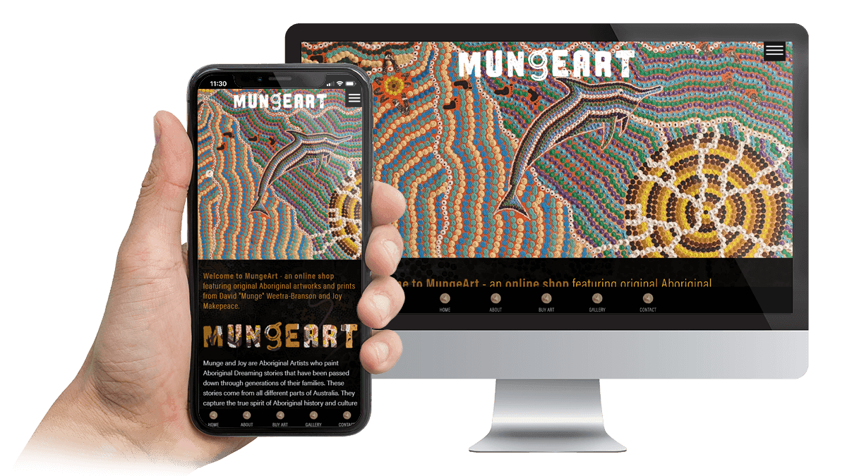 MungeArt website displayed on a desktop monitor and smartphone