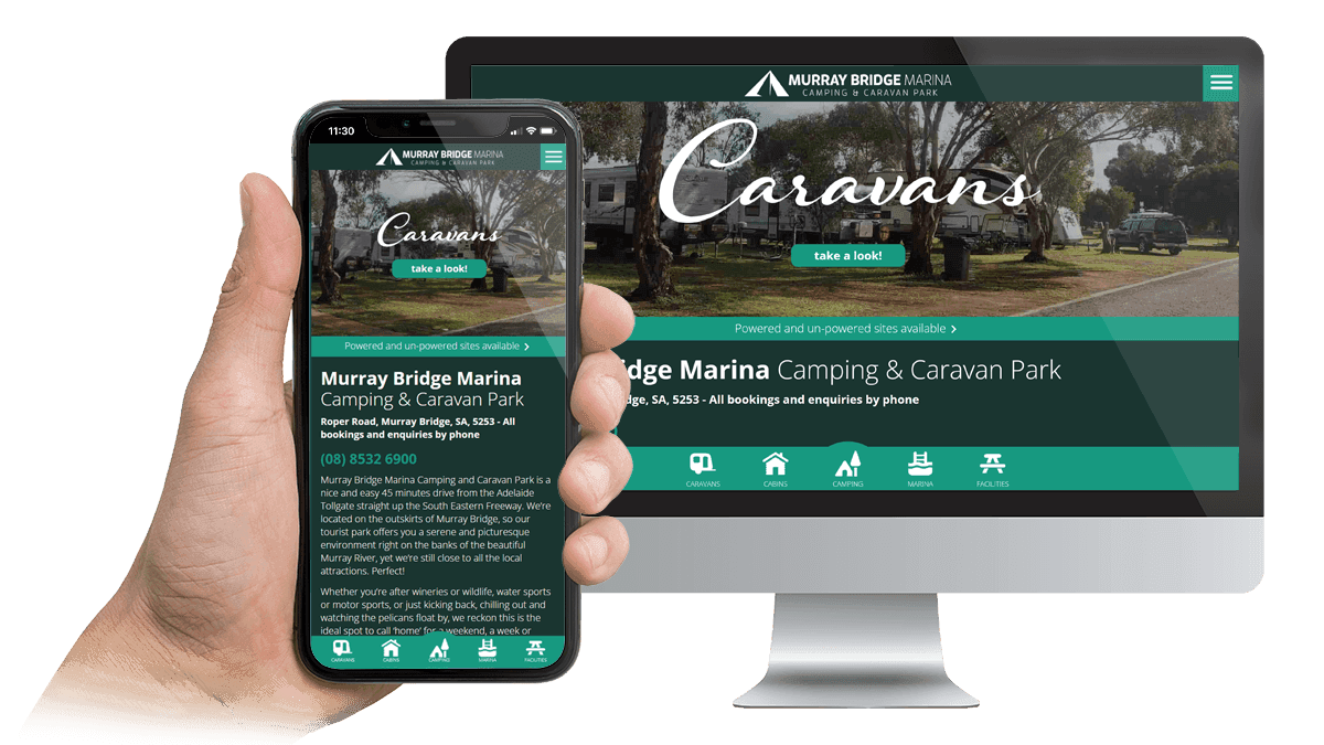 Murray Bridge Marina Camping and Caravan Park homepage displayed on a desktop monitor and smartphone