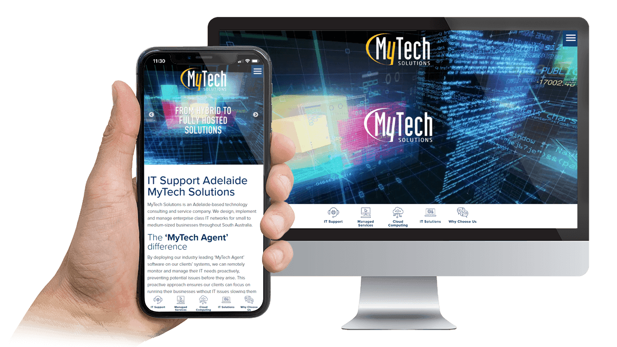 MyTech Solutions website homepage displayed on a desktop monitor and smartphone