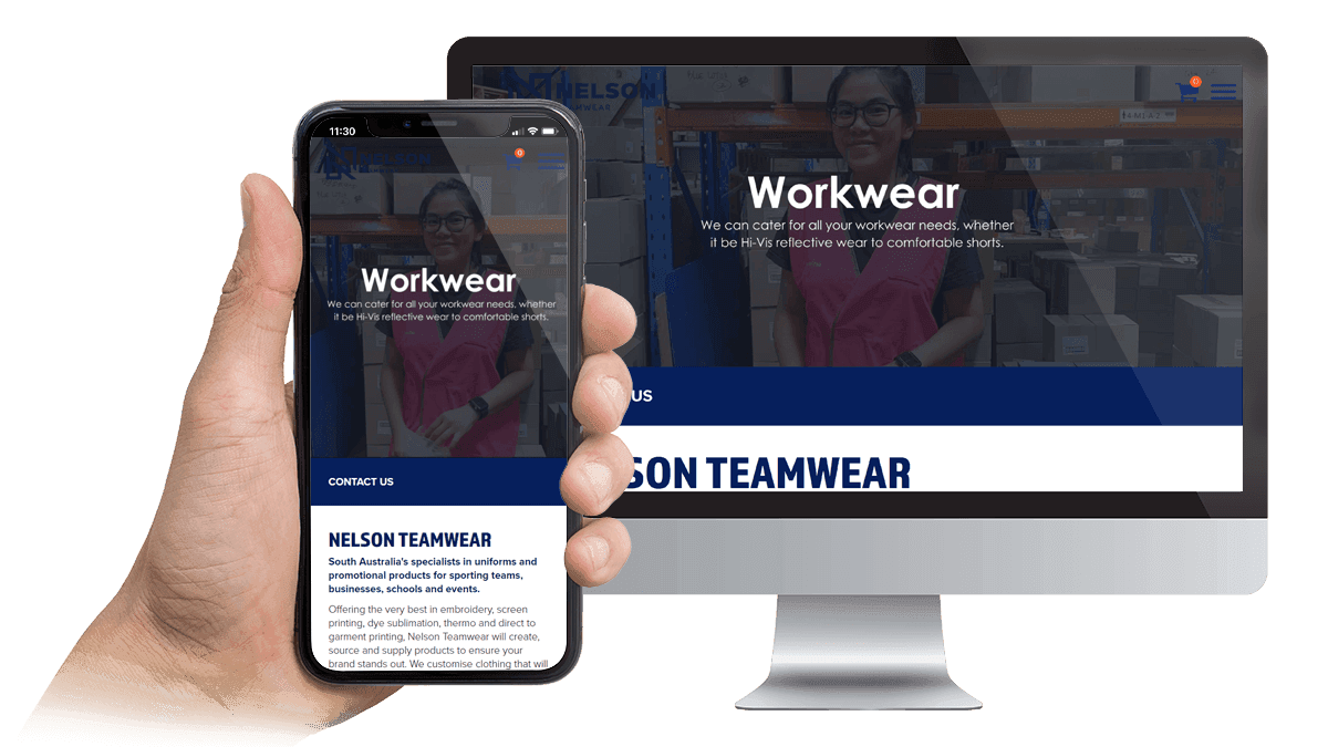 Nelson Teamwear website Workwear page displayed on a desktop monitor and smartphone
