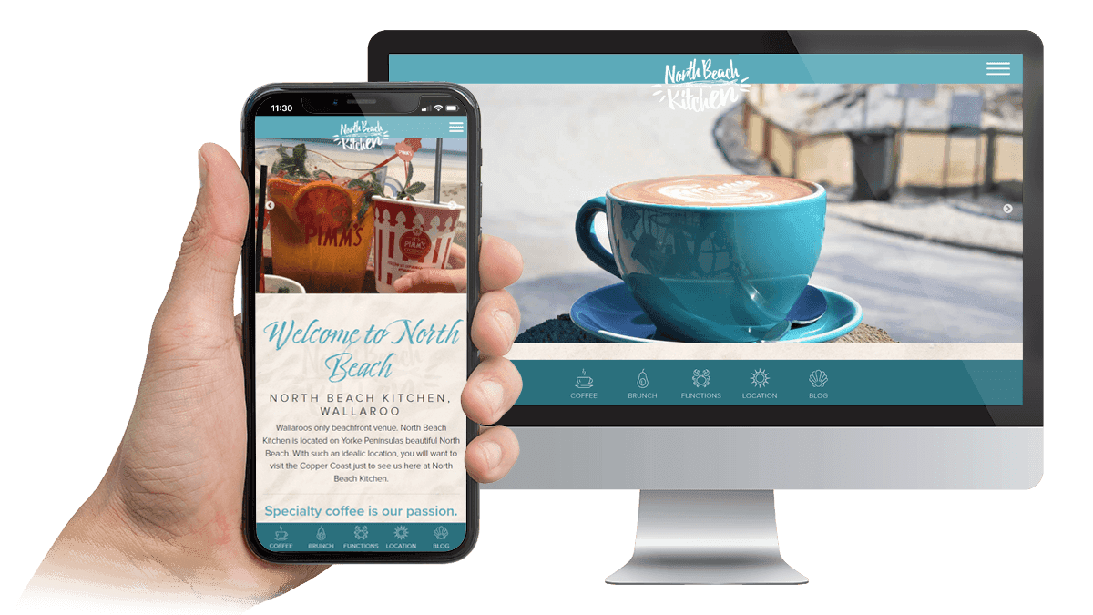 North Beach Kitchen café website homepage displayed on a desktop monitor and smartphone