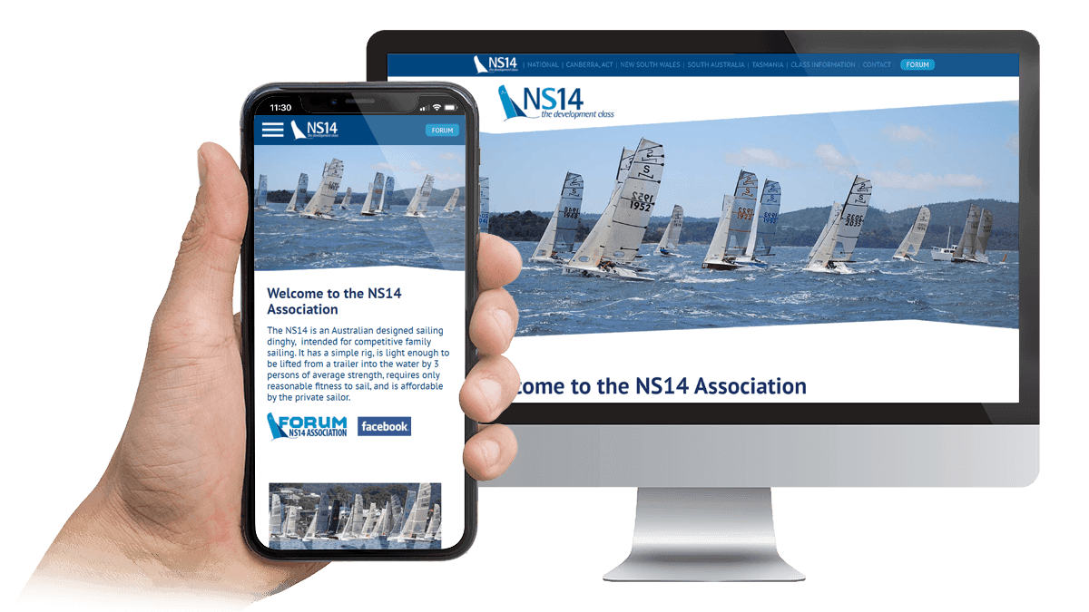 NS14 Sailing Association website homepage displayed on a desktop monitor and smartphone