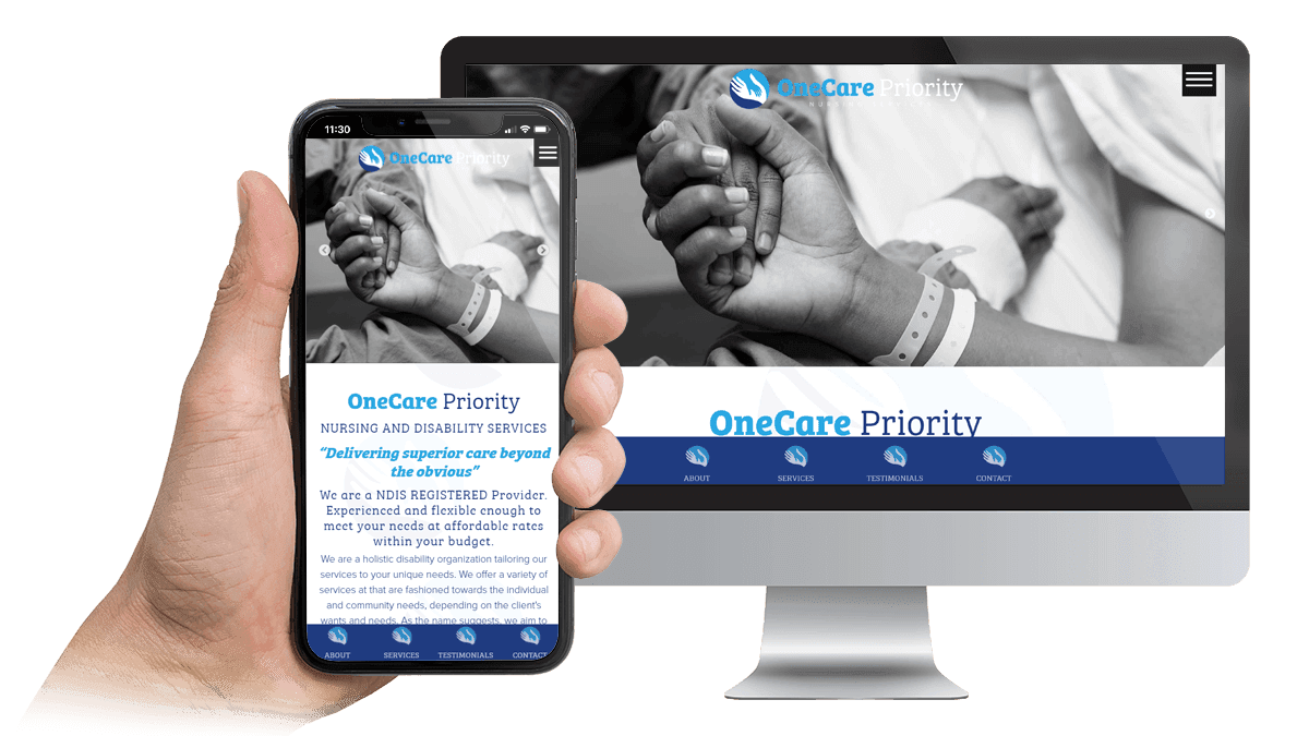 OneCare Priority website homepage displayed on a desktop monitor and smartphone