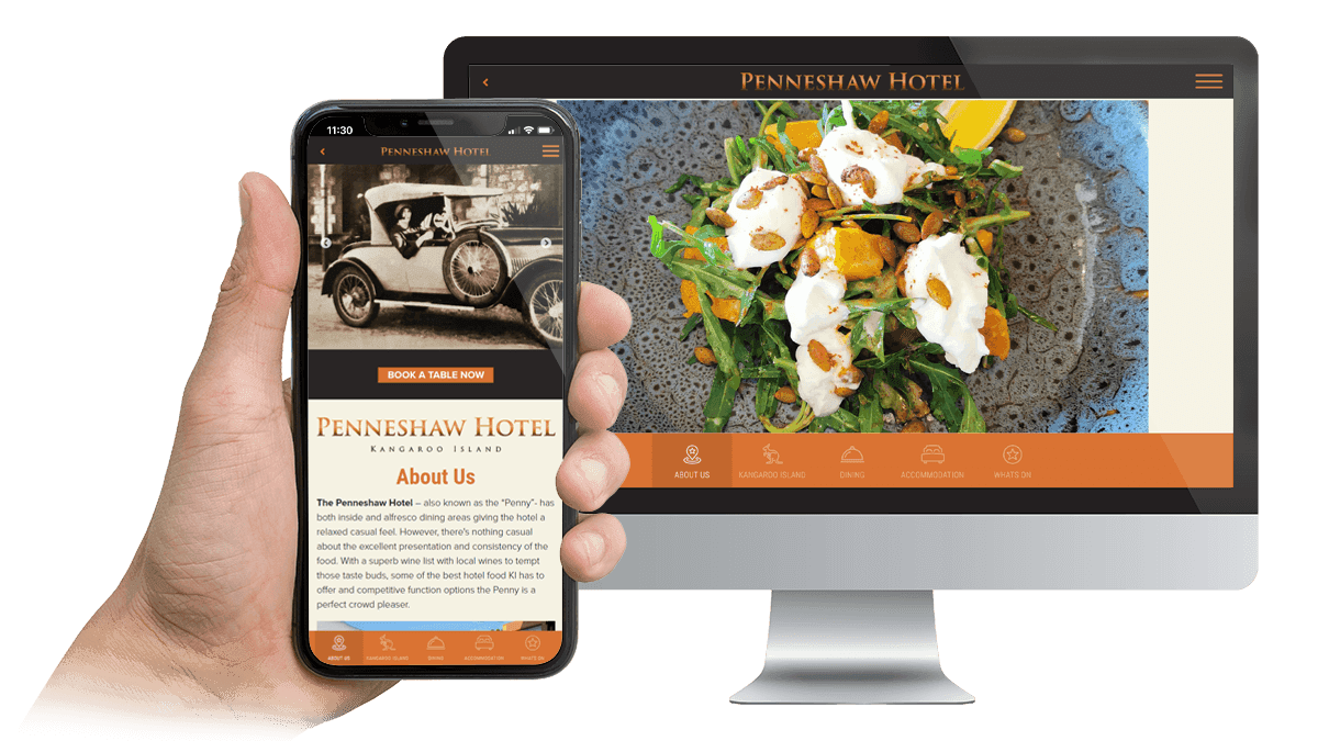 Penneshaw Hotel website About Us page displayed on a desktop monitor and smartphone