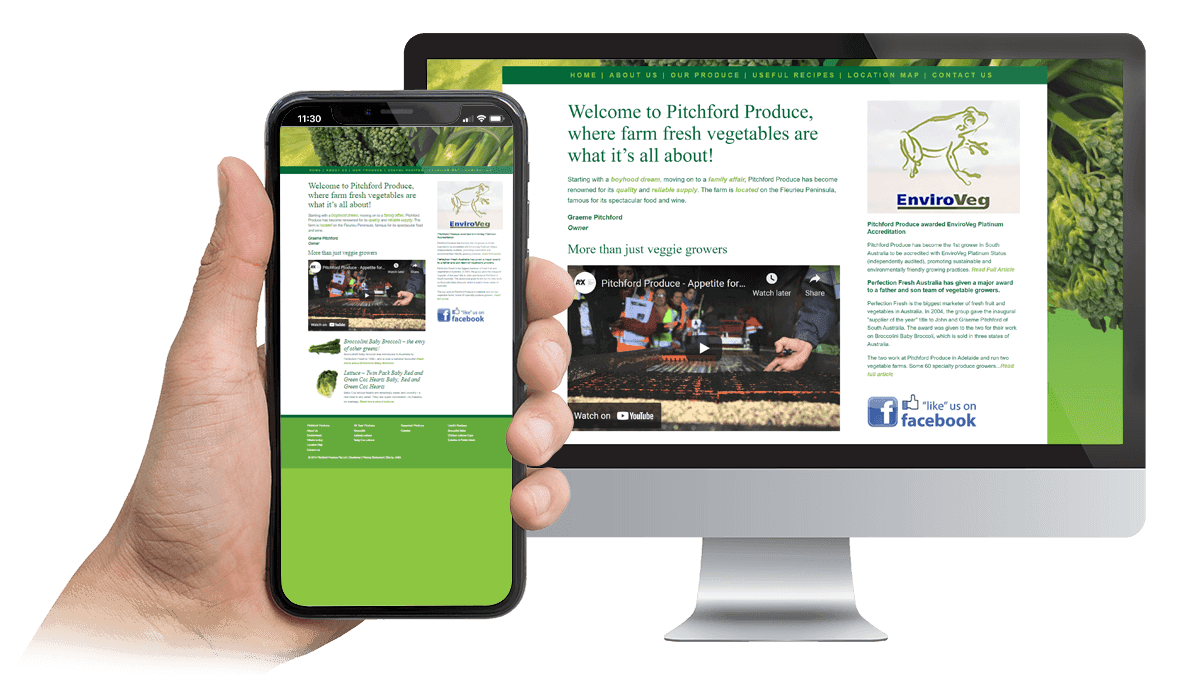 Pitchford Produce website displayed on a desktop monitor and smartphone