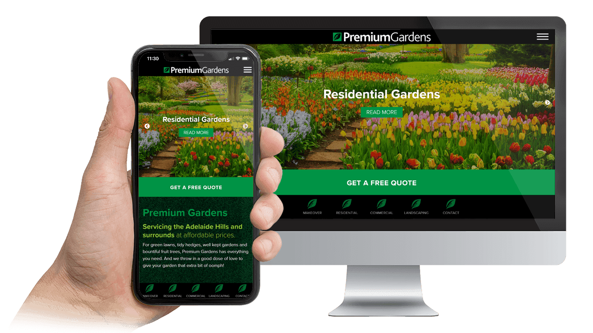 Premium Gardens website home page shown on a desktop monitor and smartphone