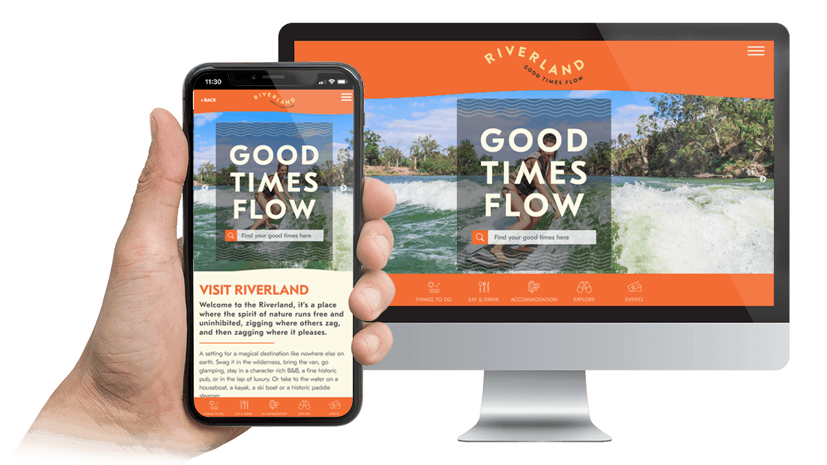 Riverland tourism website homepage displayed on a desktop monitor and smartphone