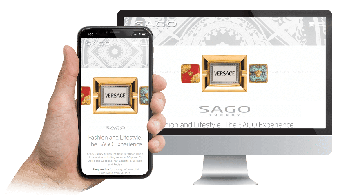 SAGO Luxury website featuring Versace homeware displayed on a desktop monitor and smartphone