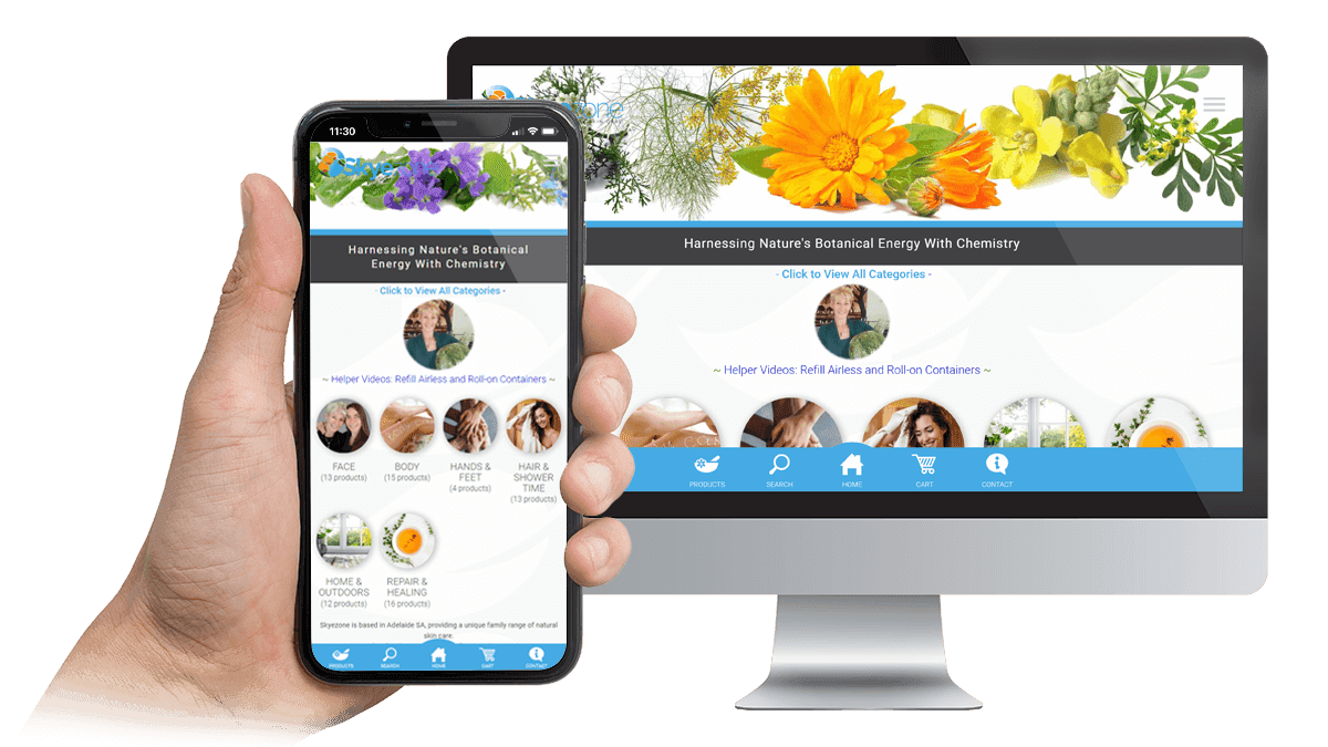 Skyezone website product categories page displayed on a desktop monitor and smartphone