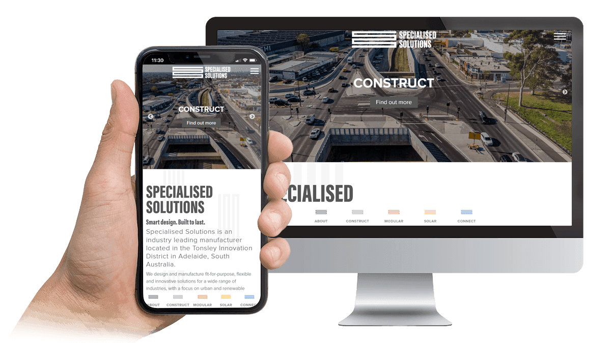 Specialised Solutions website Construct page displayed on a desktop monitor and smartphone over an aerial road view