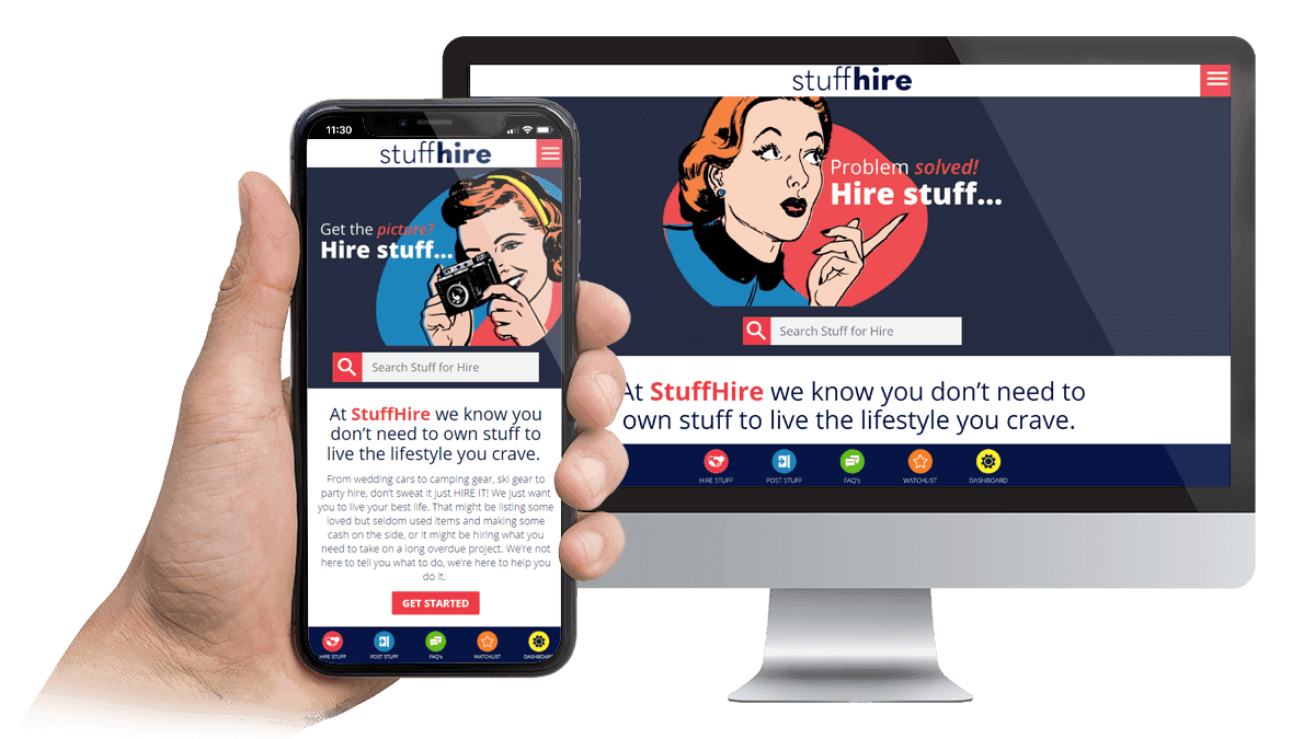 StuffHire website displayed on a desktop monitor and smartphone