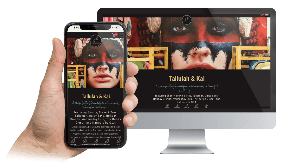 Tallulah & Kai online store homepage displayed on a desktop monitor and smartphone