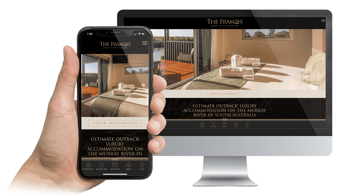 The Frames luxury Riverland accommodation online bookings page shown on a desktop monitor and smartphone