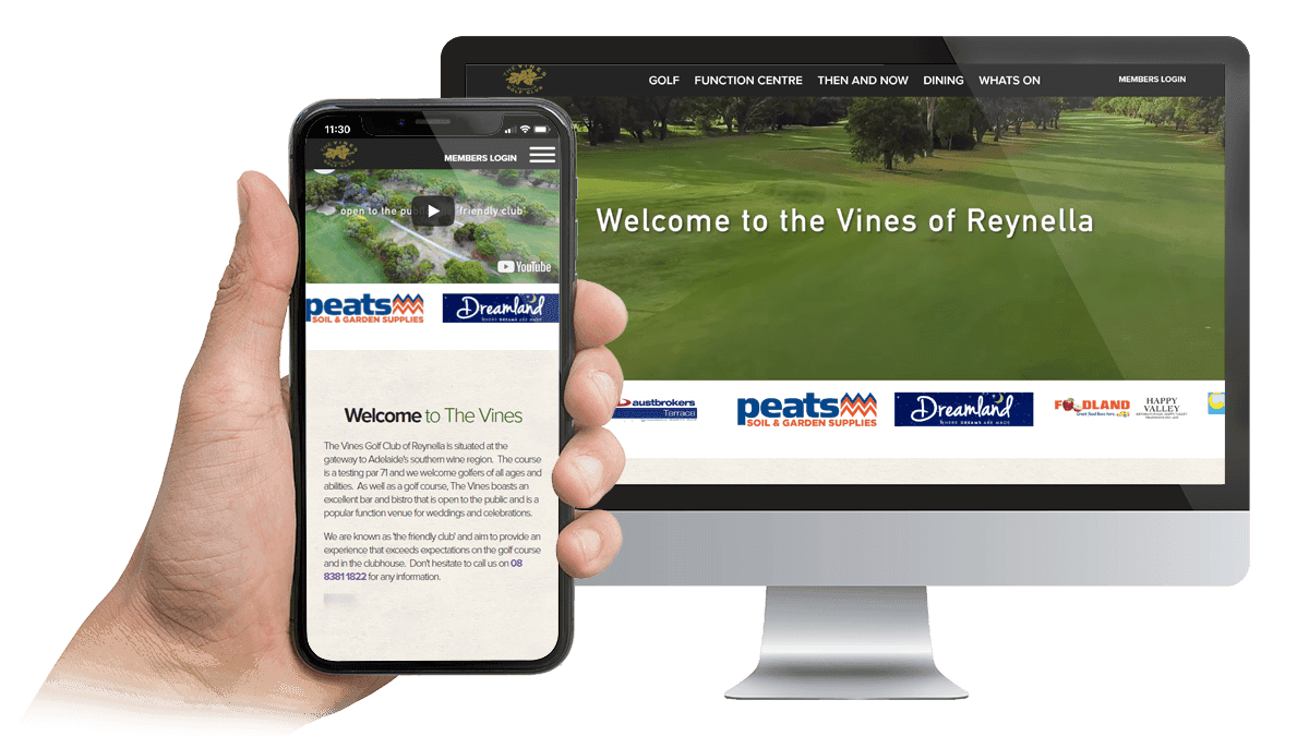 The Vines Golf Club website homepage on a desktop monitor and smartphone, showing the golf course