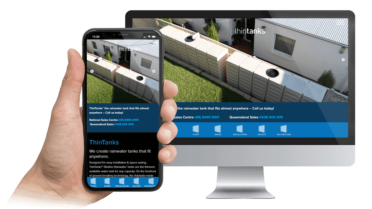 ThinTanks website homepage displayed on a desktop monitor and smartphone, showing slimline tanks beside a house