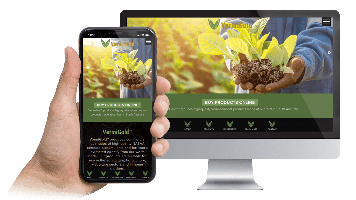 VermiGold website homepage displayed on a desktop monitor and smartphone