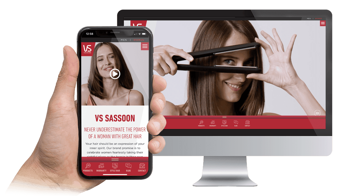 VS Sassoon Style Bar hair tools page shown on a desktop monitor and smartphone
