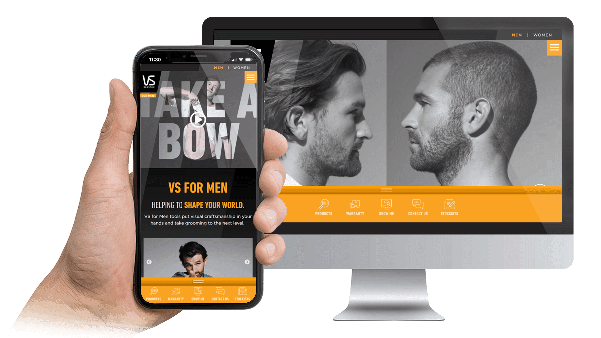 VS Sassoon for Men website displayed on a desktop monitor and smartphone