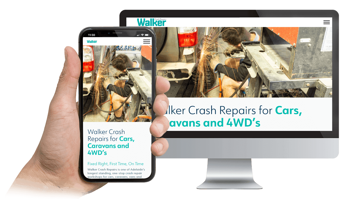 Walker Crash Repairs website homepage displayed on a desktop monitor and smartphone