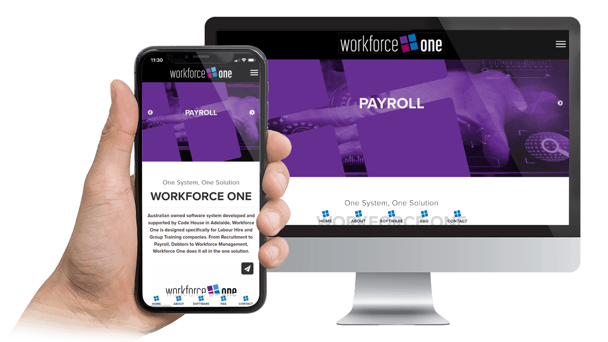 Workforce One website history timeline page on a desktop monitor and smartphone