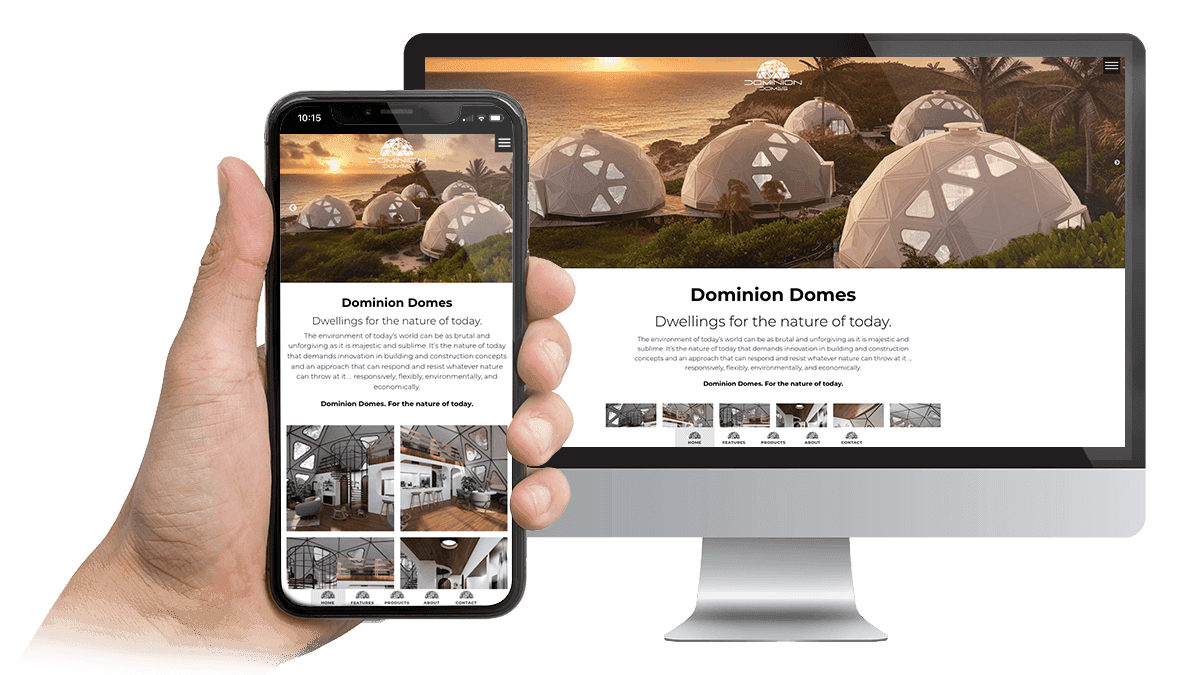 Dominion Domes homepage on a desktop monitor and smartphone, geodesic domes at sunset
