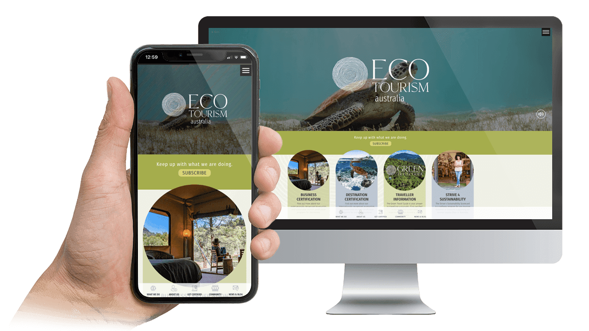 Ecotourism Australia website homepage displayed on a desktop monitor and smartphone