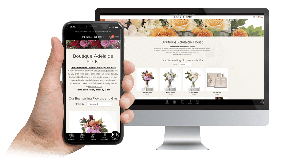 Flora Blume boutique Adelaide florist website displayed on desktop and smartphone screens