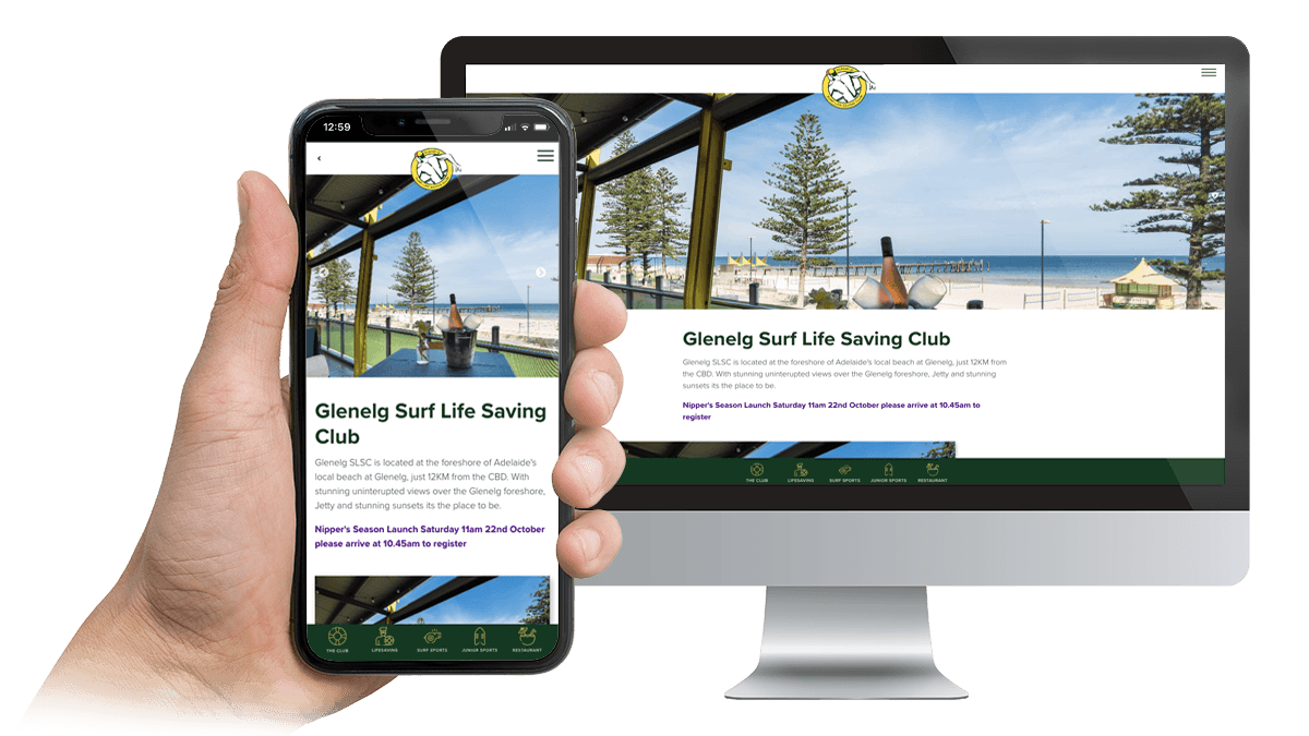 Glenelg Surf Life Saving Club website home page shown on a smartphone and desktop monitor