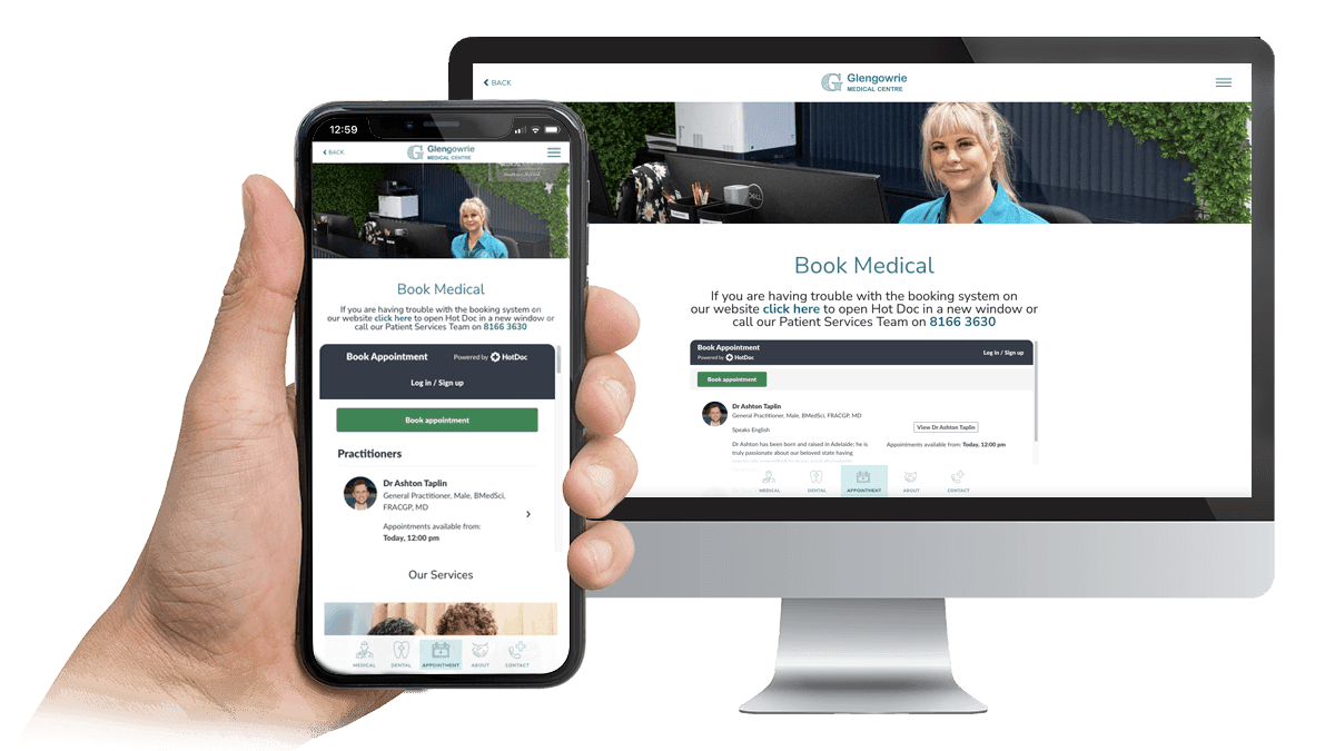 Glengowrie Medical Centre website Book Medical page displayed on a desktop monitor and smartphone
