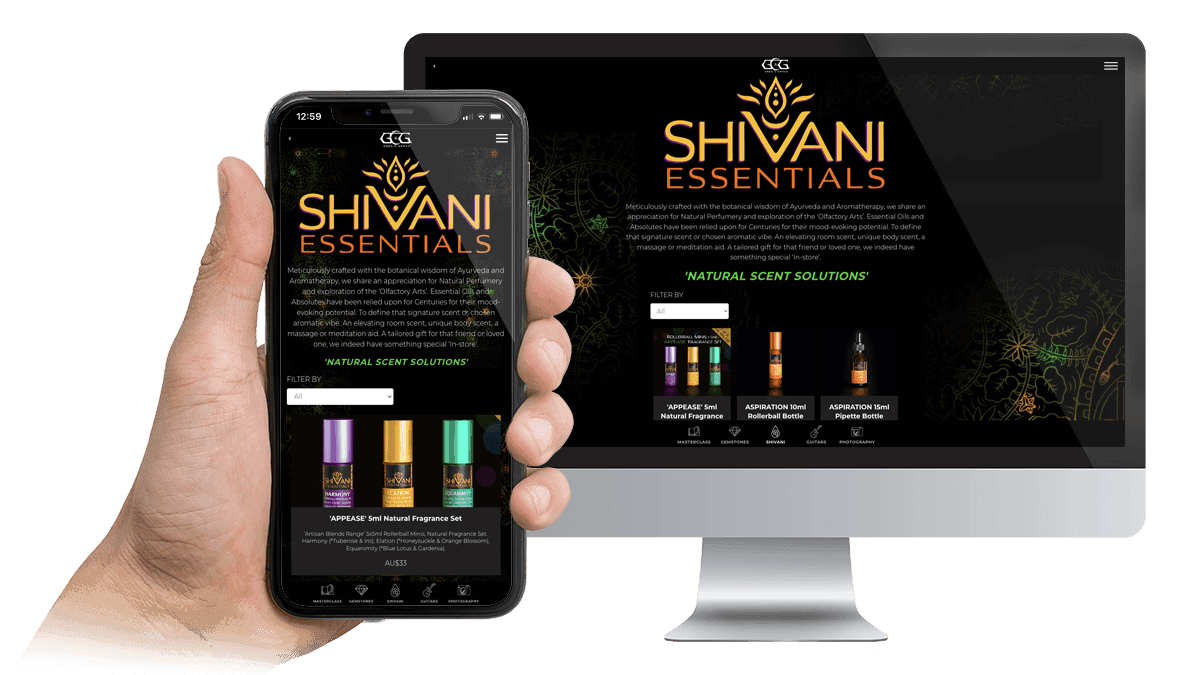 Shivani Essentials fragrance website by Greg C Grace displayed on a desktop monitor and smartphone