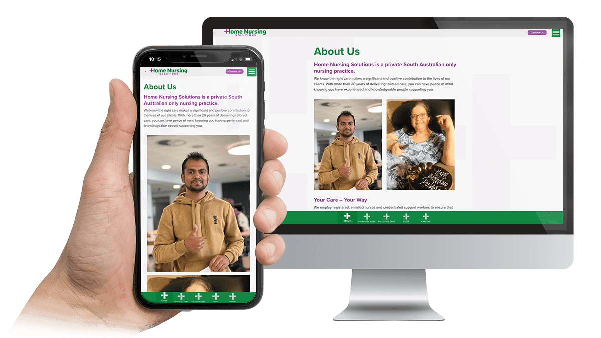 Home Nursing Solutions about us page displayed on a desktop monitor and smartphone