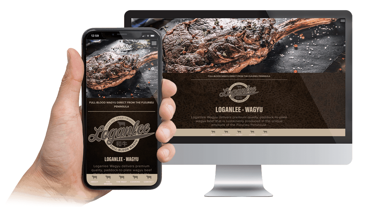 Loganlee Wagyu website homepage displayed on a desktop monitor and smartphone