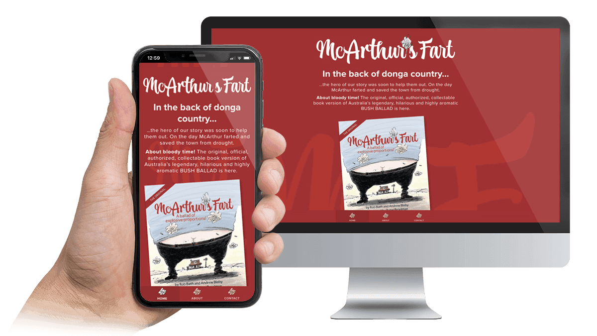 McArthur's Fart website homepage on a desktop monitor and smartphone