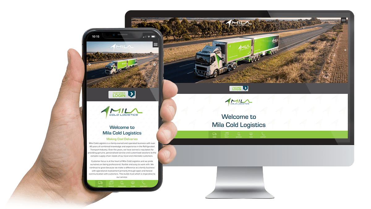Mila Cold Logistics website displayed on a desktop monitor and smartphone