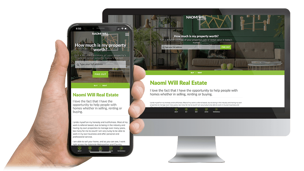 Naomi Will Real Estate website homepage displayed on a desktop monitor and smartphone