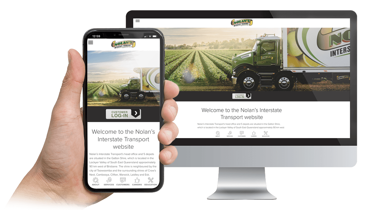 Nolan's Transport website homepage on a desktop monitor and smartphone, showing a truck in a paddock