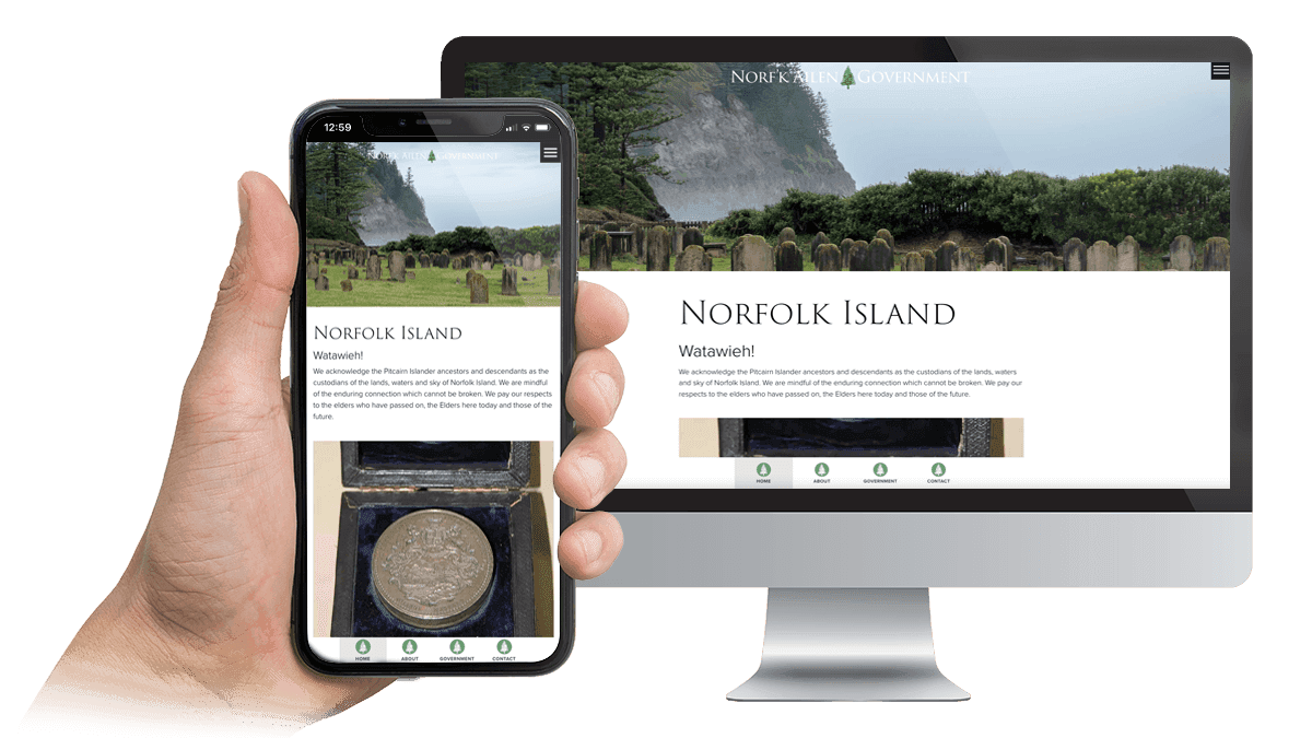 Norf'k Ailen Government website home page shown on a desktop monitor and smartphone