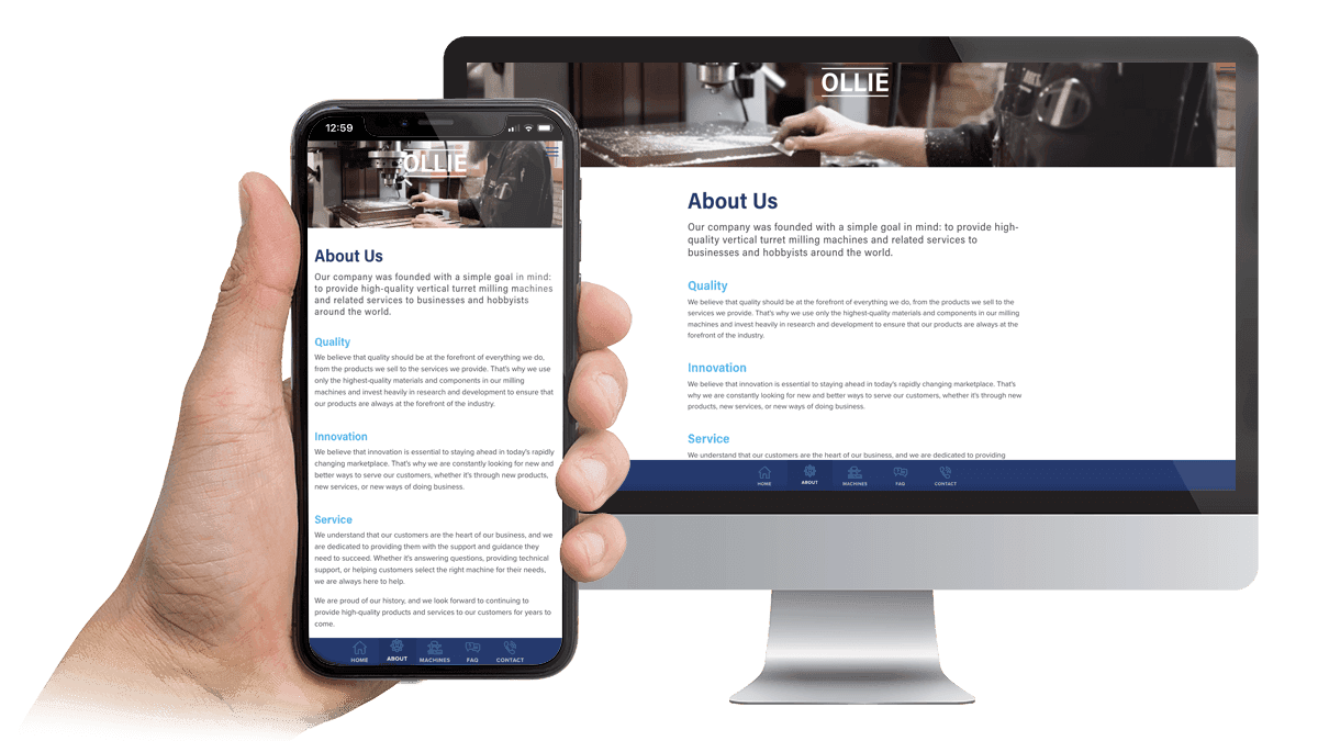 Ollie Trading website About Us page displayed on a desktop monitor and smartphone