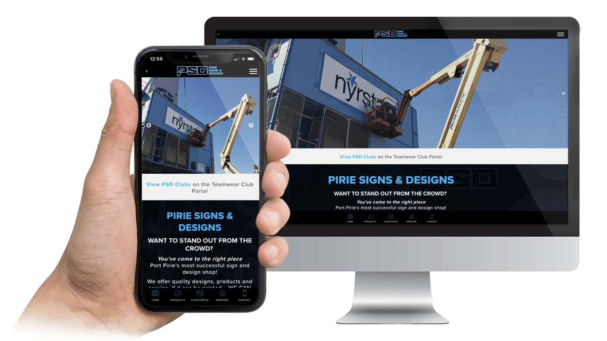 Pirie Signs & Designs website displayed on a desktop monitor and smartphone