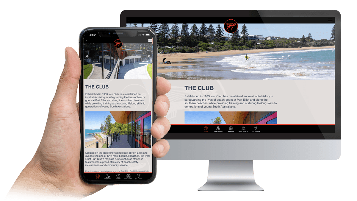 Port Elliot SLSC "The Club" page shown on a desktop monitor and smartphone
